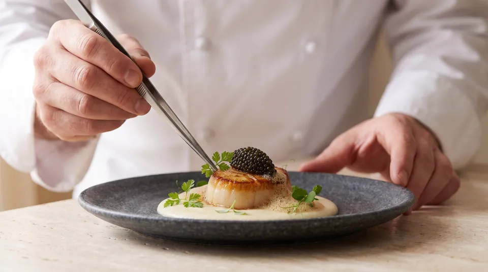 A chef's hands placing a single herb leaf on a seared scallop with tweezers.