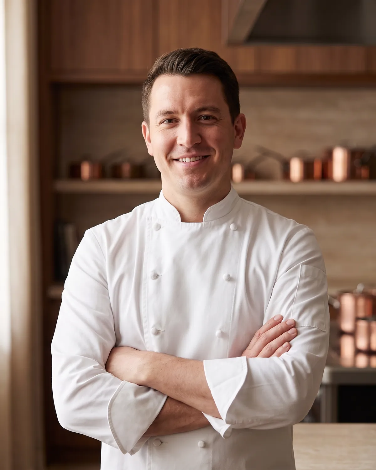 Duarte Valente, chef and owner of Egora, in chef's whites with arms folded, in front of a kitchen shelf of copper pans.