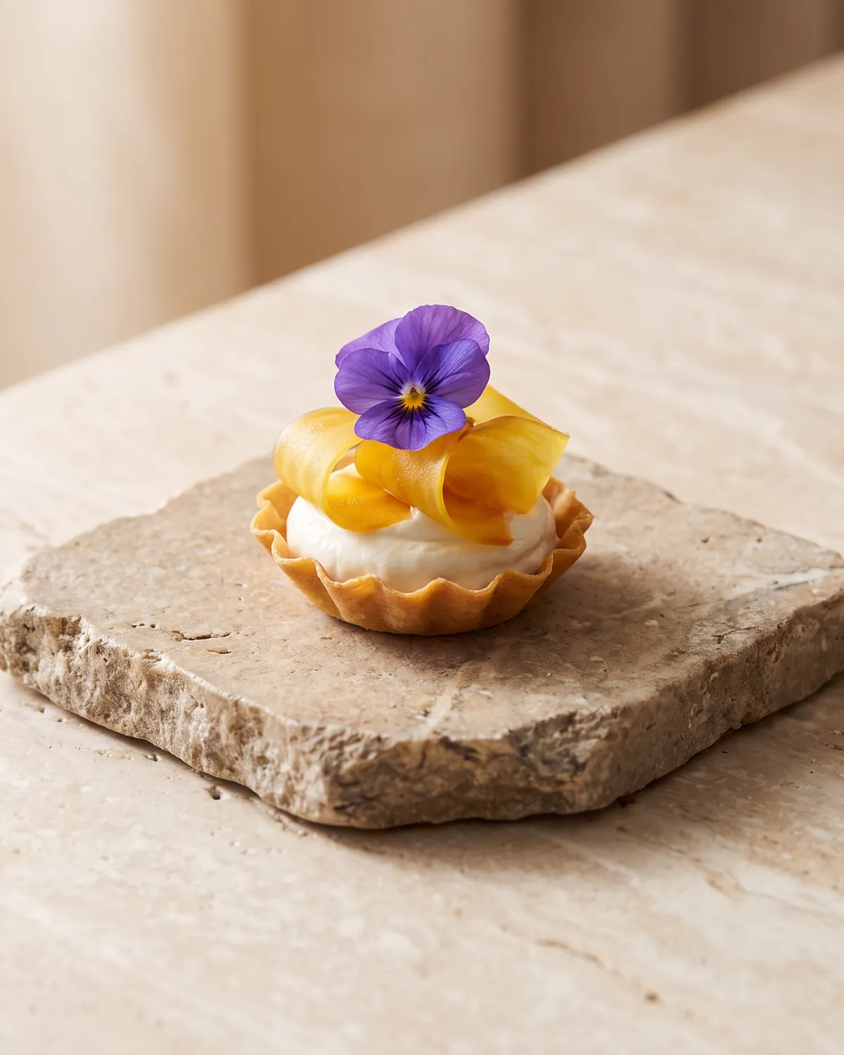 A crisp tartlet of smoked cream and ribbons of cured yolk, topped with a violet viola, on a rough slab of stone.