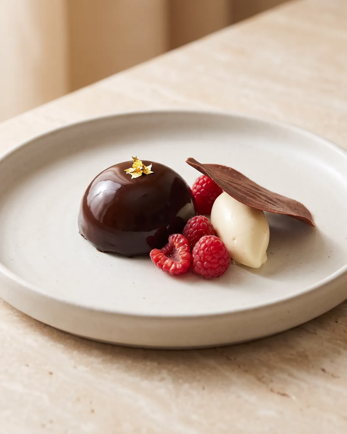 A glossy dark chocolate dome with gold leaf, fresh raspberries and a quenelle of cream on a white plate.