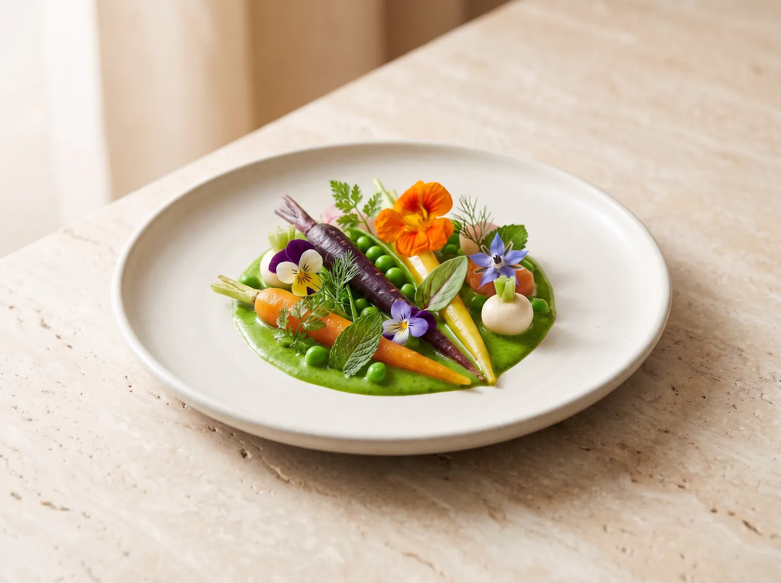 Young carrots, peas, radish and edible flowers arranged over a bright green pea purée on a white plate.