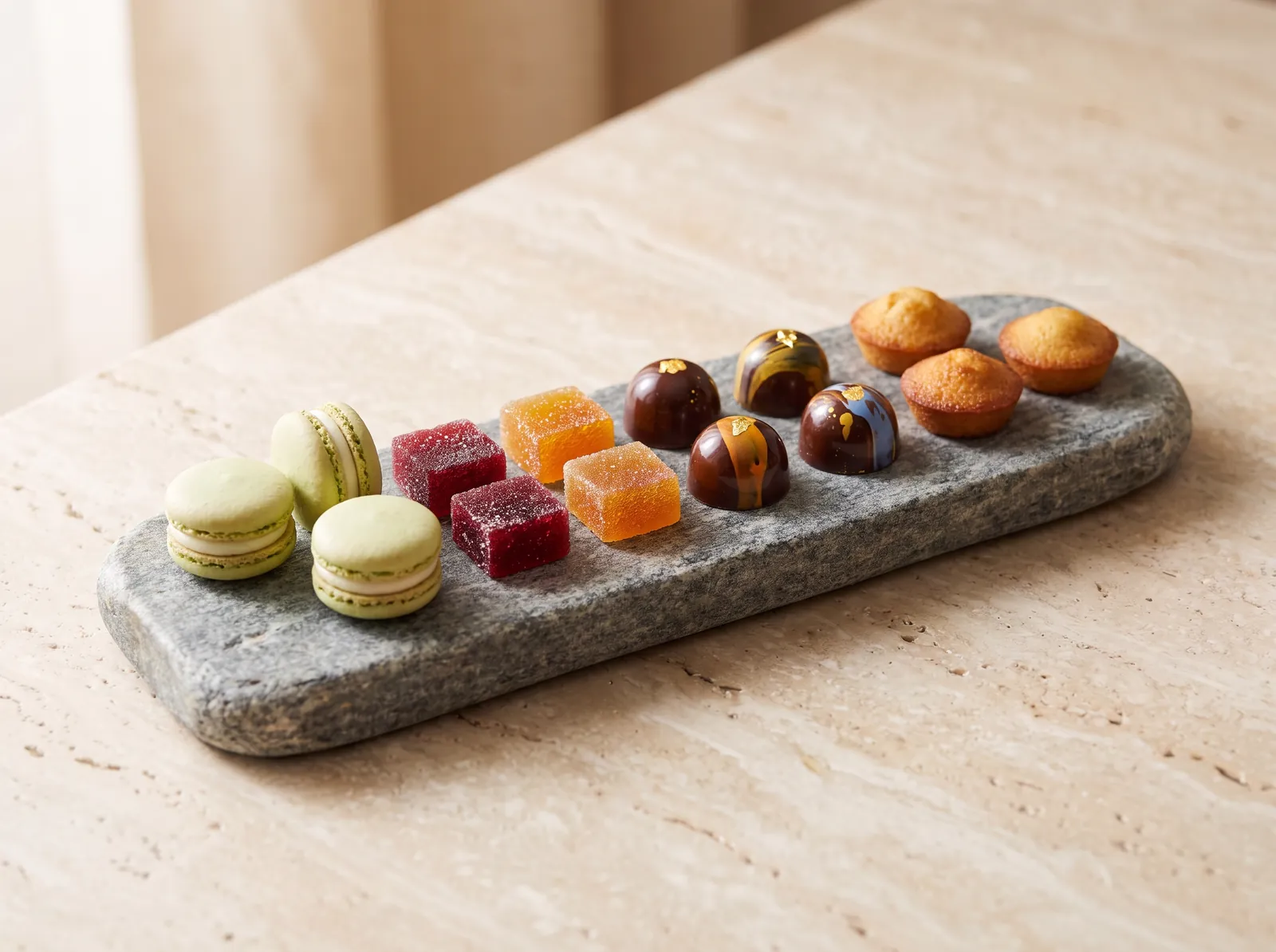 Macarons, fruit jellies, chocolate bonbons and small madeleines in a row on a long grey stone board.