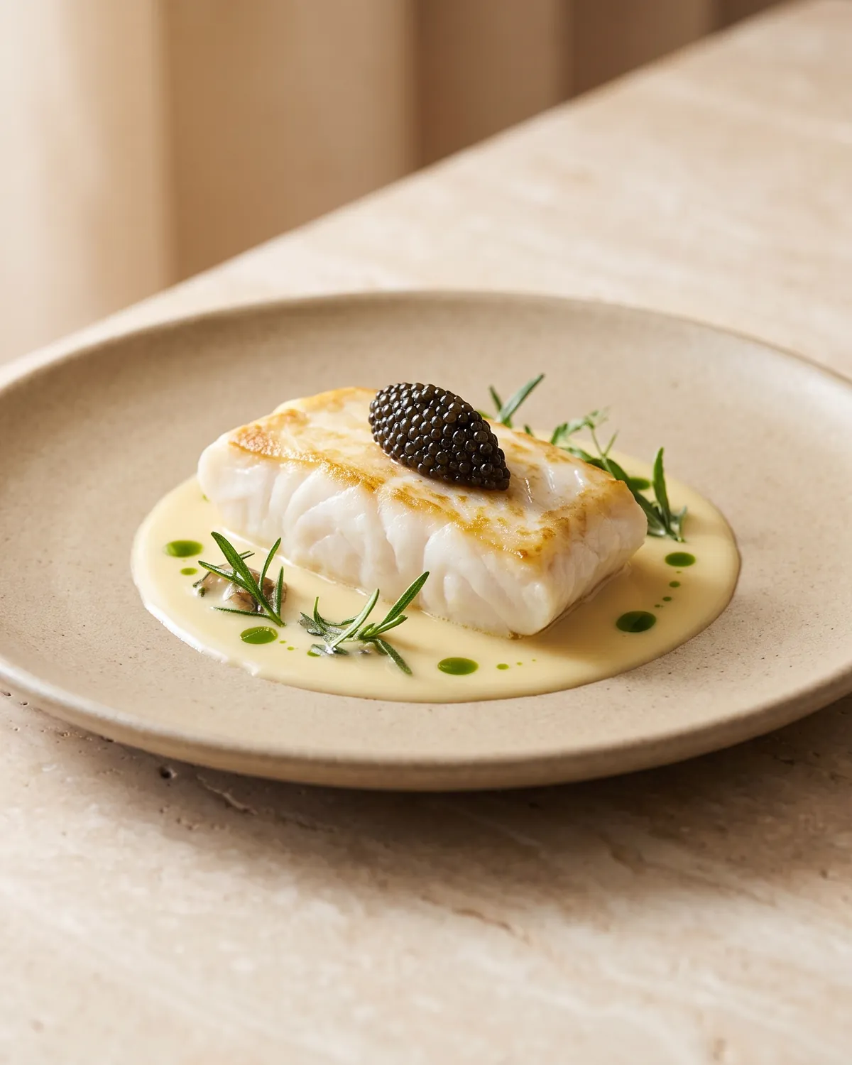 A fillet of turbot topped with black truffle, in a pool of beurre blanc with sea herbs, on a sand-coloured plate.