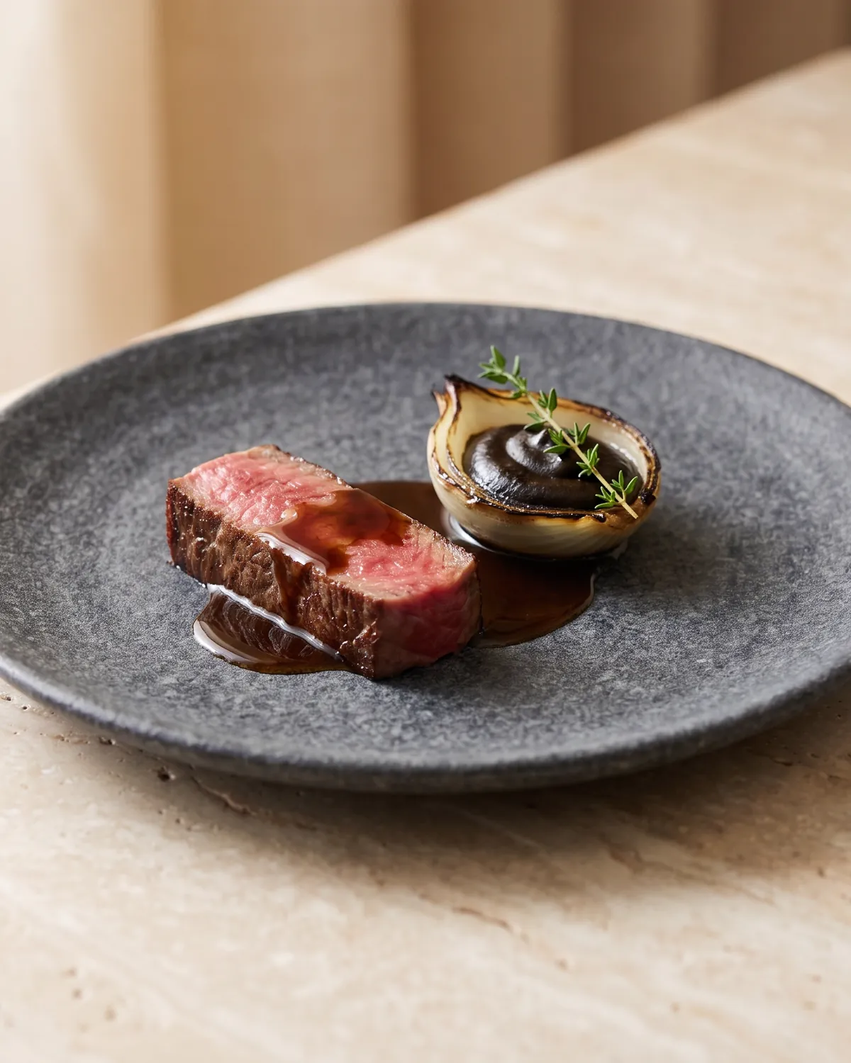 Slices of seared wagyu beside a roasted shallot and a glossy dark jus on a charcoal stone plate.