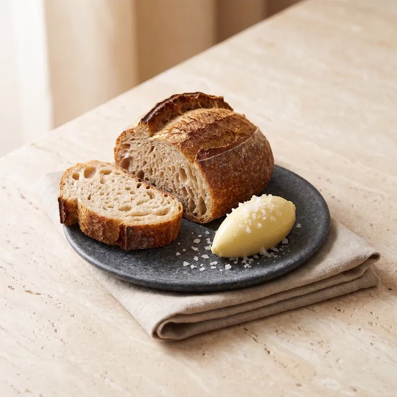 A sliced sourdough loaf with a quenelle of butter and flaky salt on a dark plate over a linen napkin.