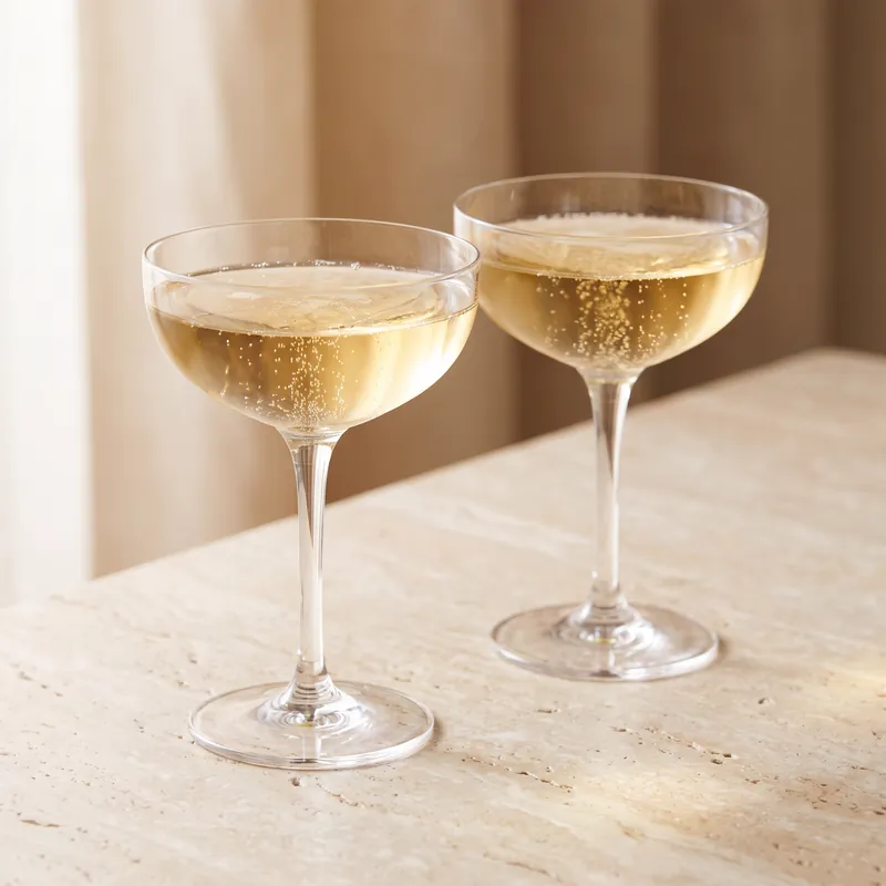 Two coupes of pale champagne on a travertine table in soft window light.