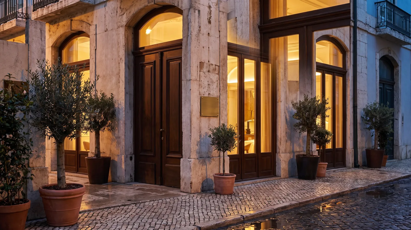 The stone facade of Egora on a cobbled Lisbon street at dusk, warm light in its arched doorways and olive trees in pots.