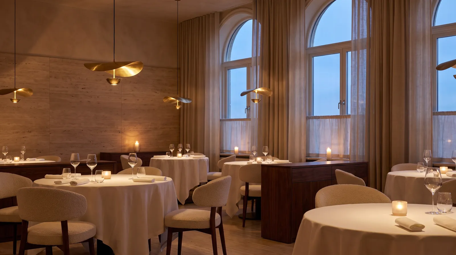 The Egora dining room at dusk: round tables in white linen, candles, pale curved chairs and tall arched windows.