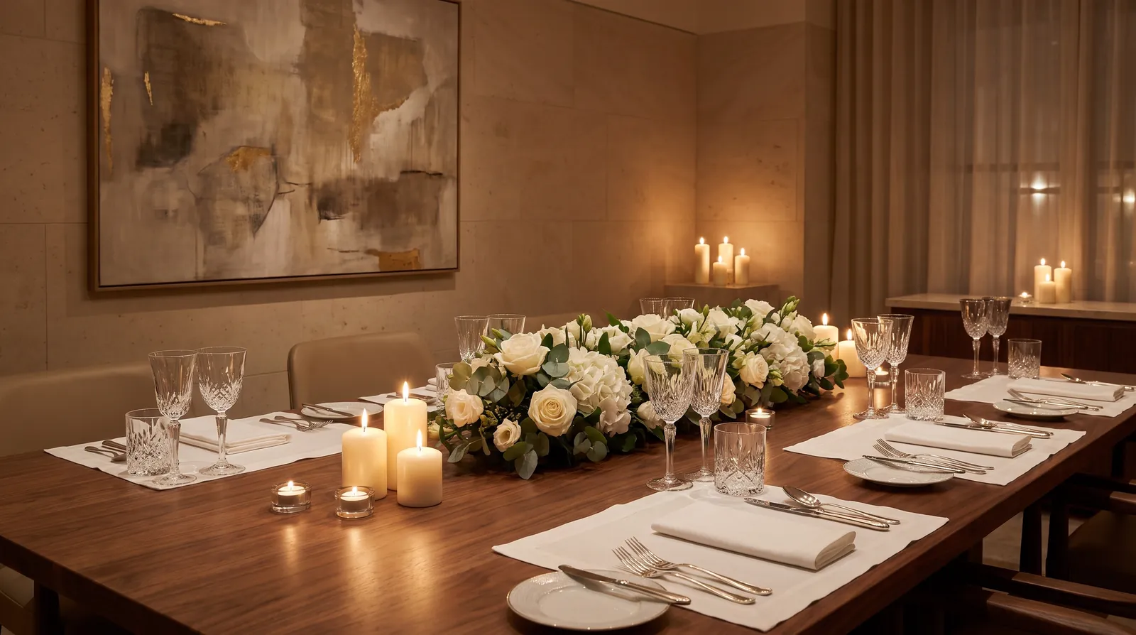 A private dining room with a long candlelit table, a runner of white roses and an abstract painting on the wall.