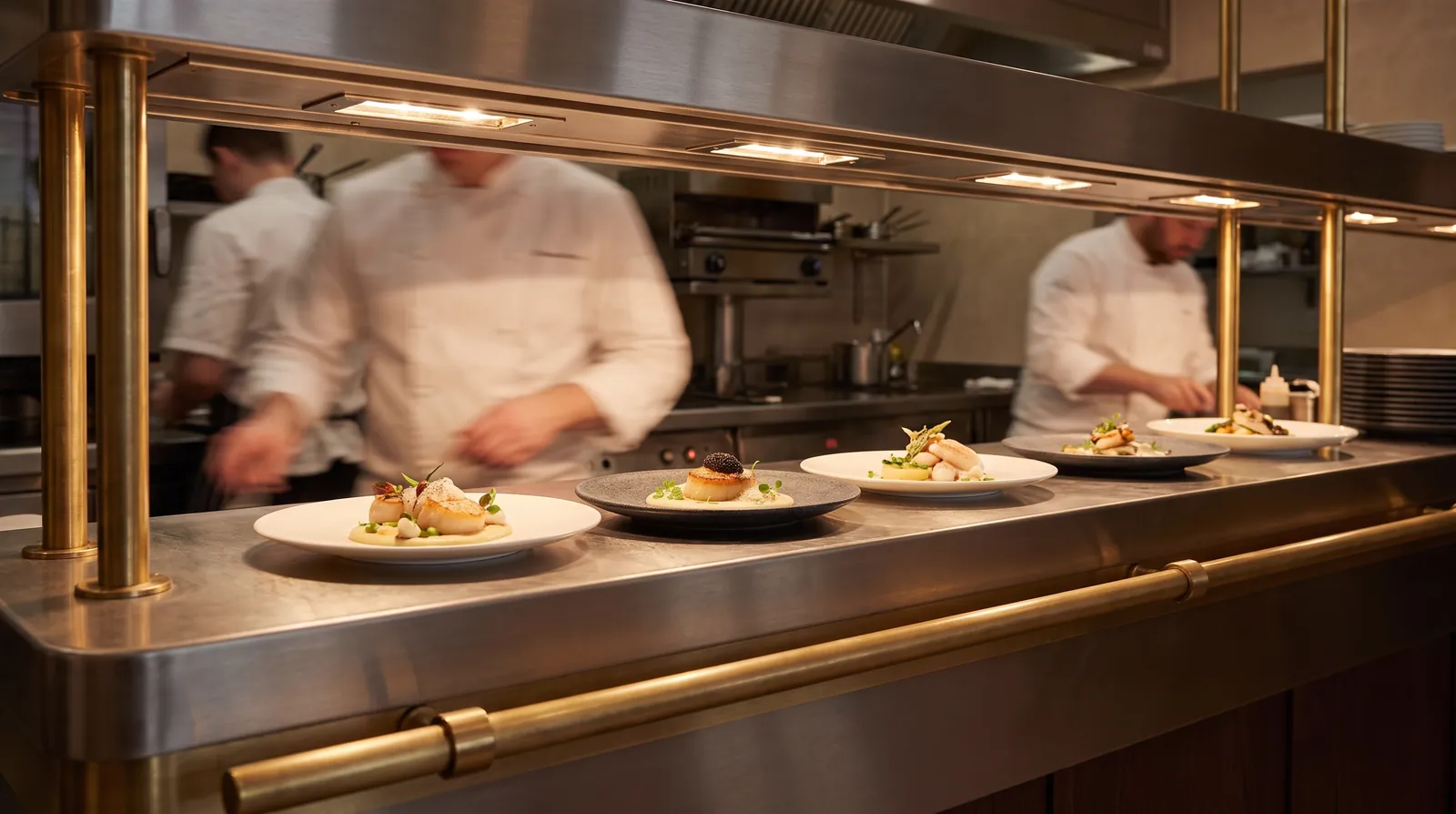 Chefs at work behind a brass-railed kitchen pass, plates lined up under warm lamps.