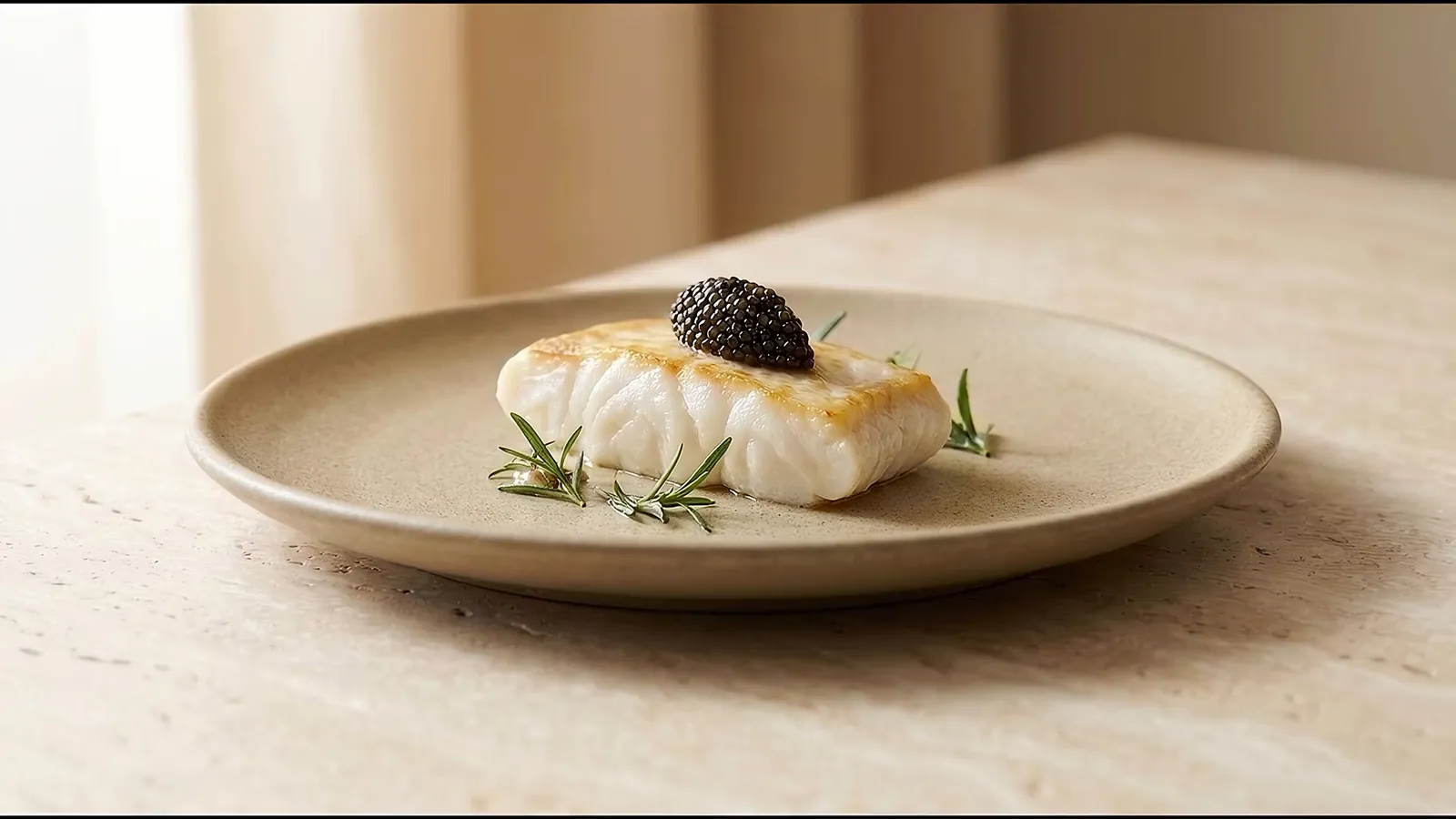 A turbot fillet with black truffle on a sand-coloured plate as beurre blanc is poured around it from a small copper pan.