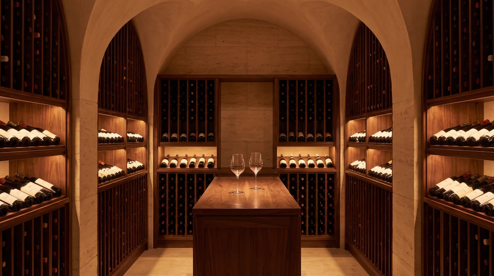 A vaulted wine cellar lined with racks of bottles, warm light falling on a wooden tasting table with two glasses.